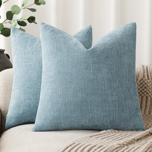 Image of Foindtower Pack of 2 Textured Chenille Throw Decorative Pillow Covers Square Accent Solid Cushion Cover Neutral Farmhouse Pillow Case for Couch Sofa Bedroom Living Room 20x20 Inch,Sky Blue