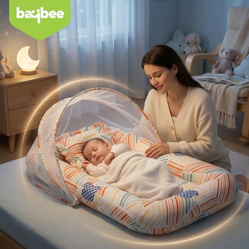 Image of BAYBEE Baby Bedding Set for New Born, Bed Mattress with Mosquito Net & Cotton Pillow, Portable Sleeping Nest Travel Bed, Newborn Essentials Gift for Baby Boys & Girls (Orange)