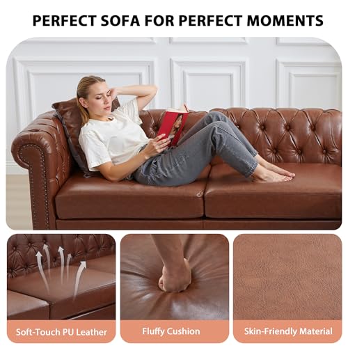 Image of LEVNARY 108 inch L-Shaped Chesterfield Sectional Couch with Movable Ottoman, 4-Seat Couch with Rolled Arms, Upholstered PU Leather, Mid-Century Tufted Corner Sofa for Living Room Bedroom Office (Brown)