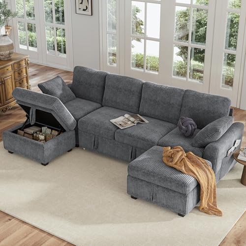 Image of Hanherry 104 inch Sectional Couch with Pull Out Sofa Bed,Corduroy Sleeper Sofa with Storage Ottoman & USB Charging,Comfy L Shaped Modular Couches for Living Room,Apartment