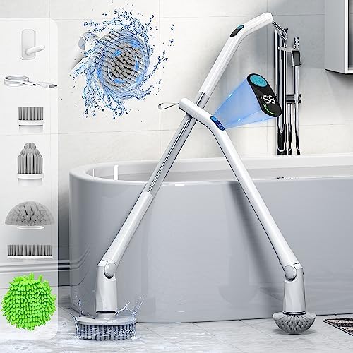 Hurrikane Electric Spin Scrubber, Cordless Power Cleaning Brush with Extension Arm and 5 Replaceable Heads, 2-Speed Control, Real-time Power Display for Bathroom, Kitchen, Tile, Floor and Glass