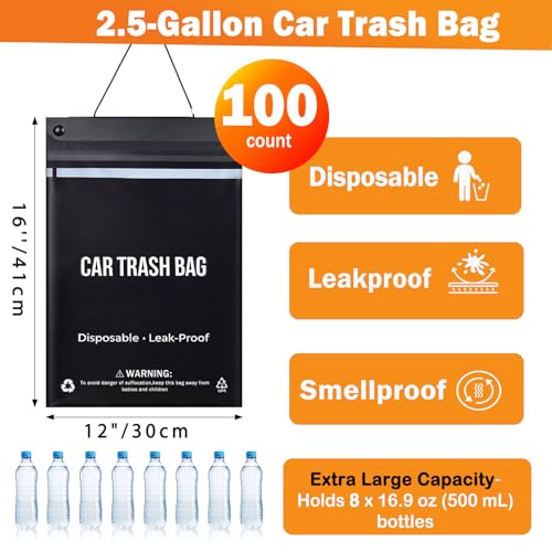 Image of 100 Count Disposable Car Trash Bags, Hanging & Stick-On Car Trash Can
