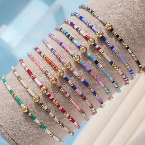 Boho Stackable Gold Plated Seed Beaded Colorful Bracelets Set for Women, Handmade Dainty Trendy Cute Small Glass Pearl Stretch Accessories Jewelry,Summer Beach Party Daily Friendship Gift3
