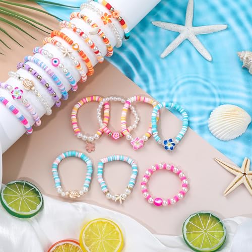 Sureio 24 Pcs Bohemia Hawaiian Plumeria Rubra Tropical Flower Friendship Bracelets for Party Favors Heishi Surfer Beaded Stretch Bracelets Y2K Pearl Bracelets Summer Beach Holiday Jewelry4
