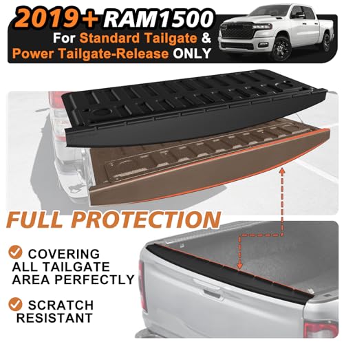 Image of TripleAliners Truck Mat Compatible with 2019-2026 Ram 1500 Power Tailgate-Release & Standard Tailgate Accessories, Tailgate Mat Custom Fit All Weather Protection Pickup Liner, w /Tailgate Cap Protector