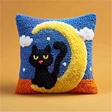 WallustrioaW Embroidery Set for Cushions,Zeichentrickkatze unter dem Mond,DIY Cross Stitch Sofa Cushion Cover with Latch Hook Tool,Suitable for Teenagers and Adults,43x43cm