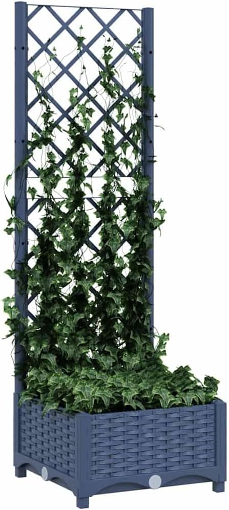 Large Grey-B Polypropylene Garden Planter with Trellis 15.7 x 15.7 x 47.8 in Modern Matte Raised Bed for Balcony Patio Outdoor Plants Tomatoes Roses