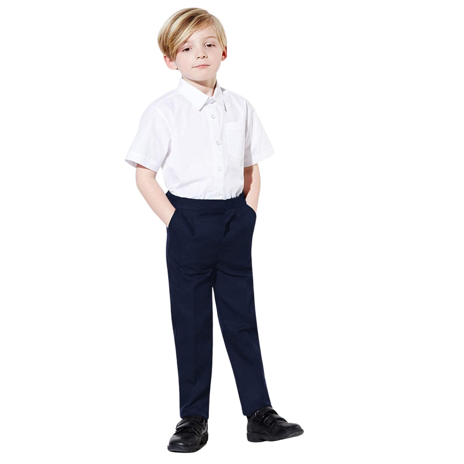 INSAFIANS Boys Slim Fit School Trousers | Half Elasticated | with Zip and Clip | Stain Resistant (as8, Age, 10_Years, 11_Years, Slim, Navy)