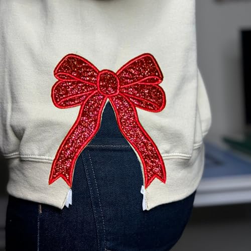 SHAANT Personalized Christmas Embroidered Glitter Sweatshirt, Mom Cheer Sweatshirt for Women, Cheer Mom Hoodie, Cheer mom long sleeve shirt, Side Bow Appliqué Sweatshirt Embroidery4