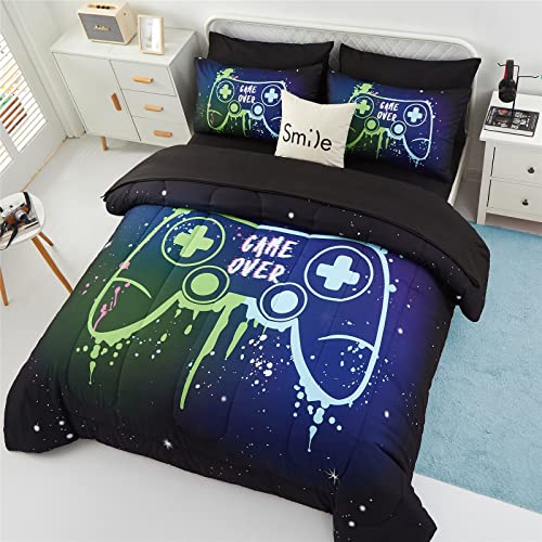 Kids Gaming Bedding Sets Full/Queen Size For Boys Teen, 5 Piece Bed In A Bag Gamer Comforter Set With Sheets, 3D Colorful Game Controller Comforter, All Season Soft Microfiber Bed Set(Blue,Queen) #TOP2