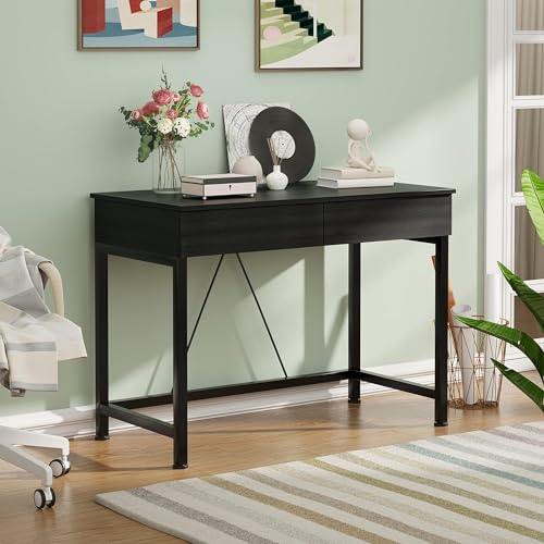 CAIYUN-40Inch-Desk-with-2-Wooden-DrawersHome-Office-Desks-with-Storage-Simple-Modern-Kids-Desk-Vanity-Desk-for-Bedroom-Work-Study-Writing-Desk-Table-for-Small-Spaces-Black-Wooden CAIYUN 40Inch Desk with 2 Wooden DrawersHome Office Desks with Storage Simple Modern Kids Desk Vanity Desk for Bedroom Work Study Writing Desk Table for Small Spaces Black Wooden