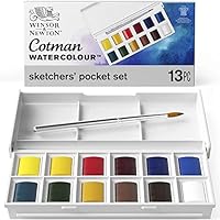 Winsor & Newton 0390640 Cotman Sketchers Pocket Box Aquarellfarbe, 12 hochwertige Wasserfarben in 1/2 Näpfen, 1 Pinsel, 1 Mischpalette