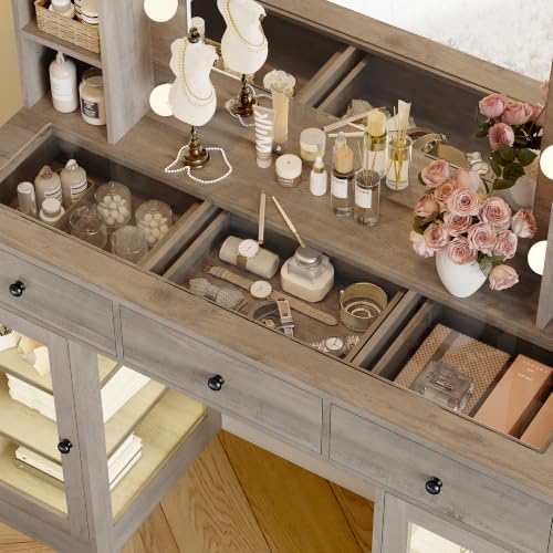 Image of Wodeer Makeup Vanity Desk with Mirror and Lights, Grey Vanity with Glass Top, LED Lights & Power Outlet, 3 Drawers & 2 RGB Glass Cabinets, Adjustable Lighted Dressing Table for Women & Girls Bedroom