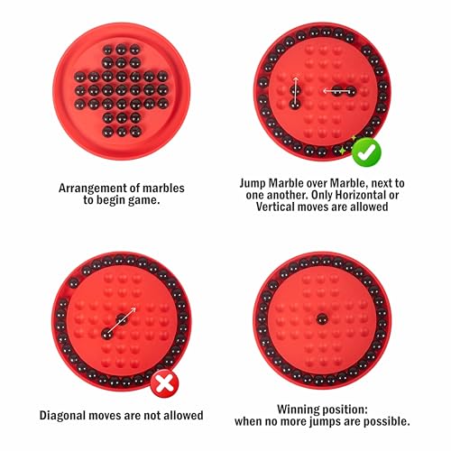 Image of Ankit Toys & Games Brainvita Marble Solitaire Board Game Red for Kids & Adults 6+ Years Peg Puzzle Strategy Brain Teaser Educational Toy with Glass Marbles Travel Friendly Family Game