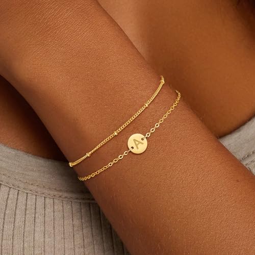 Gold Bracelets for Women Girls Gifts - 14K Gold Plated Letter Initial Bracelet Dainty Disc Monogram Charm Bracelet Gold Initial Bracelets for Women Teen Girl Gifts Trendy Stuff2