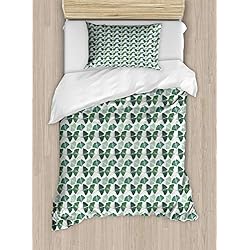 Funda Nordica Biloba ABAKUHAUS Gingko Funda Nórdica, Biloba Hojas de los árboles de follaje, Decorativo 2 Piezas con 1 Funda de Almohada, 130 x 200 cm - 70 x 50 cm, Verde y Blanco
