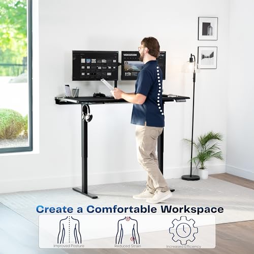 Image of VIVO Black 60 x 30 in Stand Up Desk, DESK-KIT-1B6-P3B | Electric, Holds 220 lbs, Sit Stand, Height Adjustable Table, Cable Tray, Full-Size Mouse Pad, Office Furniture, Black Frame