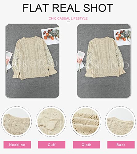 Dokotoo Fashion Sweaters For Women Round Neck Crochet Lace Long Sleeve Sweater Cozy Comfy Solid 2022 Fall Cable Pointelle Knit Pullover Sweater Tops Jumpers S Apricot #TOP4