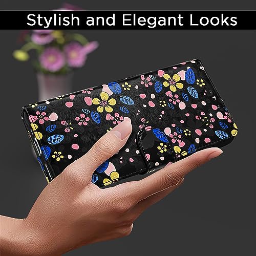 Image of Pikkme OnePlus 11R 5G Flip Cover for Girls Leather Finish | Inside TPU with Card Pockets | Wallet Stand and Shock Proof | Complete Protection Flip Case (Black Flower)