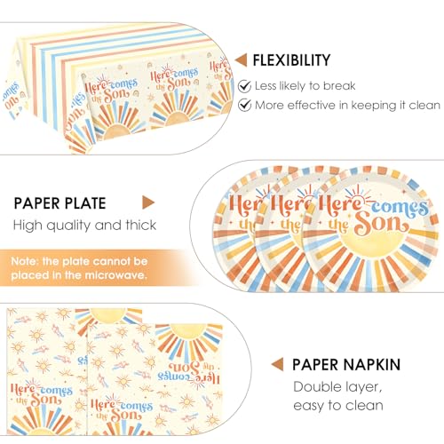 Image of Here Comes The Son Baby Shower Decorations,Boho First Trip Around The Sun Party Supplies,Disposable Dessert Plate,Napkin,Tablecloth for It's A Boy Gender Reveal,Sun You Are My Sunshine Baby Shower