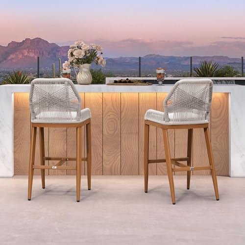 Image of PURPLE LEAF Bar Stool 1 Piece Outdoor Bar Height Metal Stool Modern Wicker Rattan Barstools with Back Aluminum Outside Garden Patio Bar Chair, Deep Teak