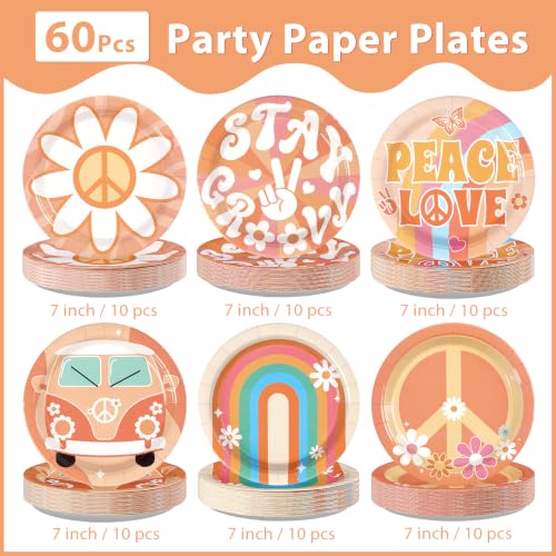 Image of 60Pcs Groovy Party Paper Plates 7 inch Disposable Heavy Duty Retro Hippie Boho Dessert Plates Daisy Flower Peace Love Theme Hippies Party Decoration for Summer 60s 70s Birthday Baby Shower Party Supplies