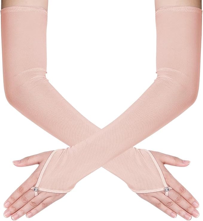 Theaque Women's Long Fingerless Sheer Gloves Tulle Mesh Gloves for Wedding Bridal Opera Party Halloween Costume (Blush, One Size) — image 1