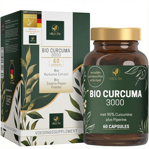 VITACTIV Bio Curcuma 3000 Biologische kurkuma-capsules, hoge dosis, kurkuma-extract met 95% curcumine, piperine voor hoge biologische beschikbaarheid, zonder magnesiumstearaat, veganistisch, 60