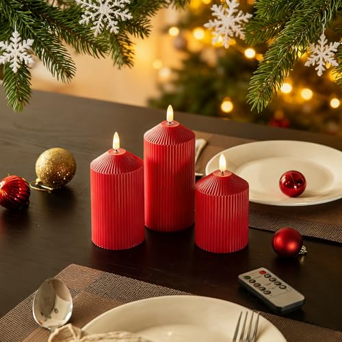 Image of LUSHARBOR Flameless Candles with Remote, Battery Operated Candles Real Wax LED Fake Pillar Candles with Timer Flickering Flame for Wedding Home Party, Set of 3 Red