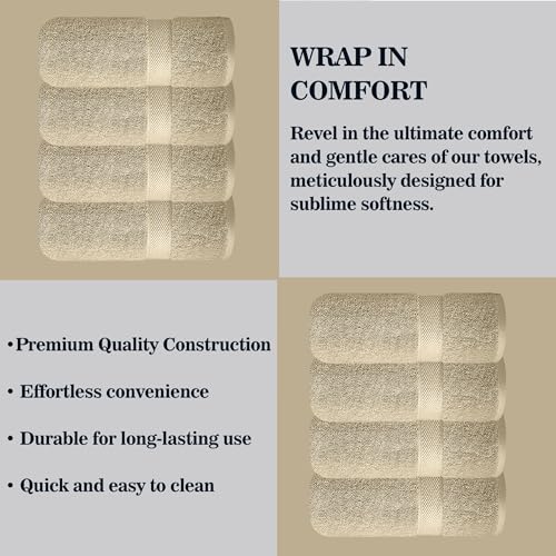 Image of Sulfar 100% Combed Cotton, Quick Drying Highly Absorbent Thick Bathroom Towels, Luxury Bath Towel Set (Pack of 4, 70 X 140 cm) - 600 GSM (Beige)