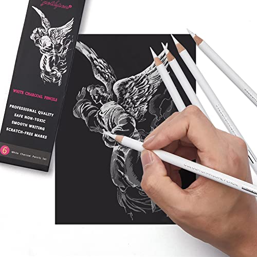Gethpen Professional White Charcoal Pencils Set - 6 Pieces Sketch Highlight White Pencils For Drawing, Sketching, Shading, Blending, White Chalk Pencils For Beginners & Artists #TOP4