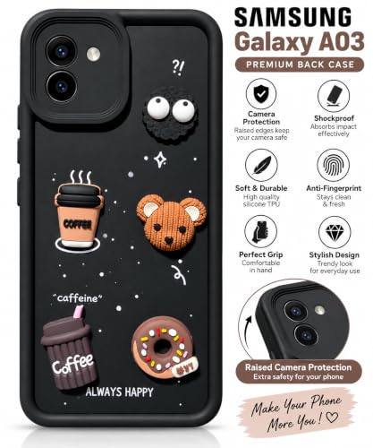 Image of Bintage Back Cover Compatible for Samsung Galaxy A03 4G | Cute 3D Taddy Ball Bear Milk Cake Coffee Silicon Case Full Body & Camera Protection - Black