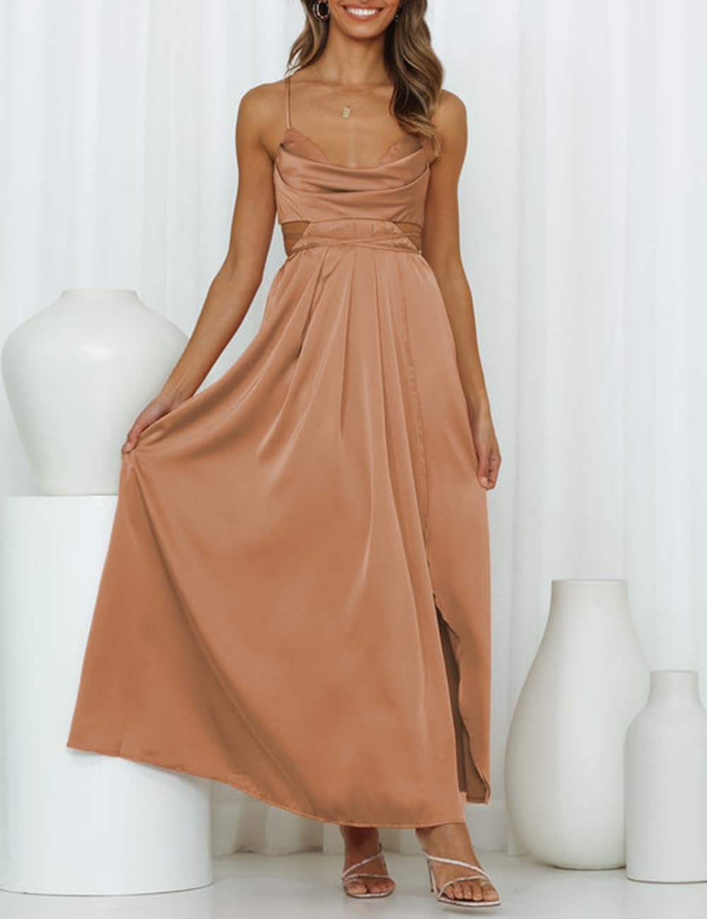 Women's Satin Cowl Neck Backless Maxi Dress Sexy Tie Back Spaghetti Strap Ruched Wedding Guest Slit Long Dresses - Image 5