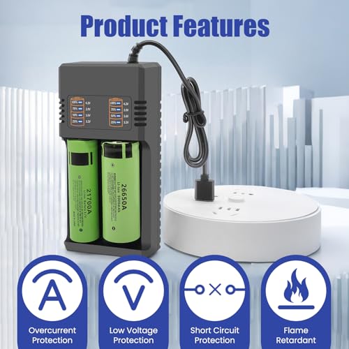 Cargador para 3.7v Li-Ion 18650 26650 21700 18490 Batería, Inteligente Cargador de Pilas Recargables para 18490 18350 17670 17500 16340 14500 20700 26650, 2 Ranuras con Cable USB - imagen 3