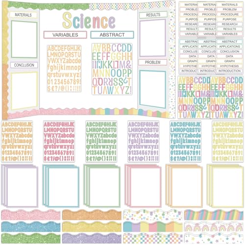 122 Pcs Science Fair Board Supplies 72 Glitter Pastel Candy Trim Scalloped Borders 36 Presentation Board Subtitles 6 Self Adhesive Project Titles 8 Letter Stickers for Classroom Office Decor(Pastel)