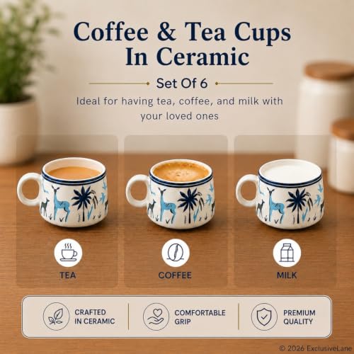 Image of ExclusiveLane 'Deer & Floral' Ceramic Tea Cups Set of 6 for Tea Cups Ceramic (Set of 6, 150 ml, Microwave Safe, White & Blue)| Coffee Cup Set Ceramic Cups for Tea Cup Chai Cups Drinkware
