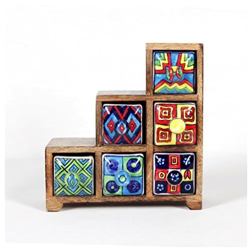 Universal Art Wooden Chest with 6 Drawers | Multi-Storage Handpainted Ceramic Organizer/Cabinet for Home, Living Room, Hall, Office | Ideal for Spices, Jewelry, and Trinkets (22.9D x 8.9W x 22.9H CM)