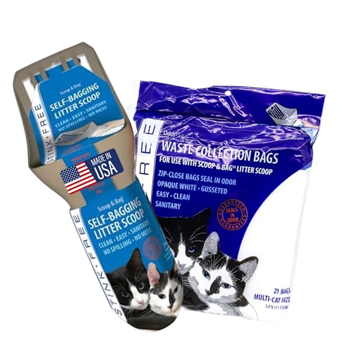 Stink Free Cat Scoop & Bag - Self-Bagging & Poop Scooping Kitty Litter Scoop (with 21 Free Samples of Odor Seal Cat Waste Litter Bags for Poop & Urine) Cleaning Supplies for Your Litter
