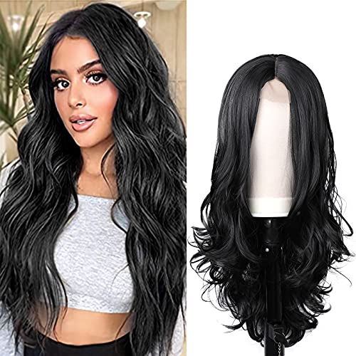 YBOD Long Wavy Wig for Women Black Synthetic Lace Front Wigs Middle Part Natural Looking Heat Resistant Wigs for Daily Party Cosplay Costumes (Black)