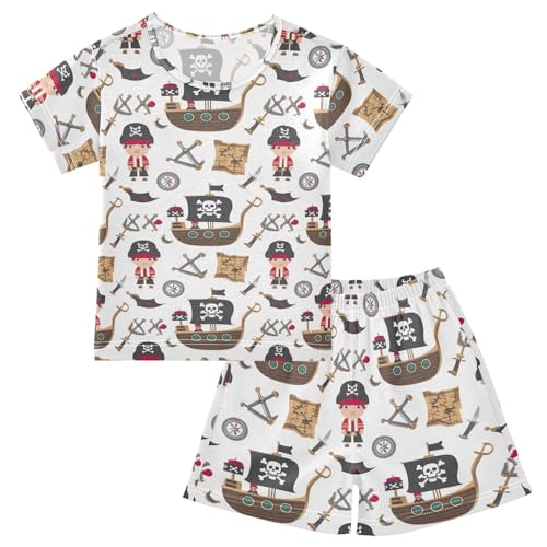 CHIFIGNO Pirate Ships White Summer Pajamas Set, Short Sleeve Cotton Sleepwear with Pocket, Ages 5