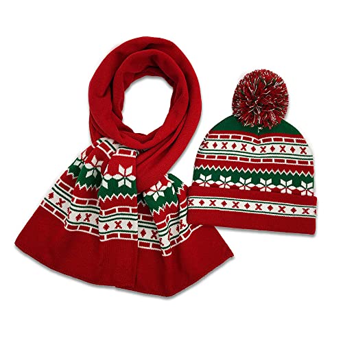 Veroda Weihnachtsmütze und Schal Set mit Schneeflocken-Design für Kinder, Rot, Grün, Weiß, One size Cover