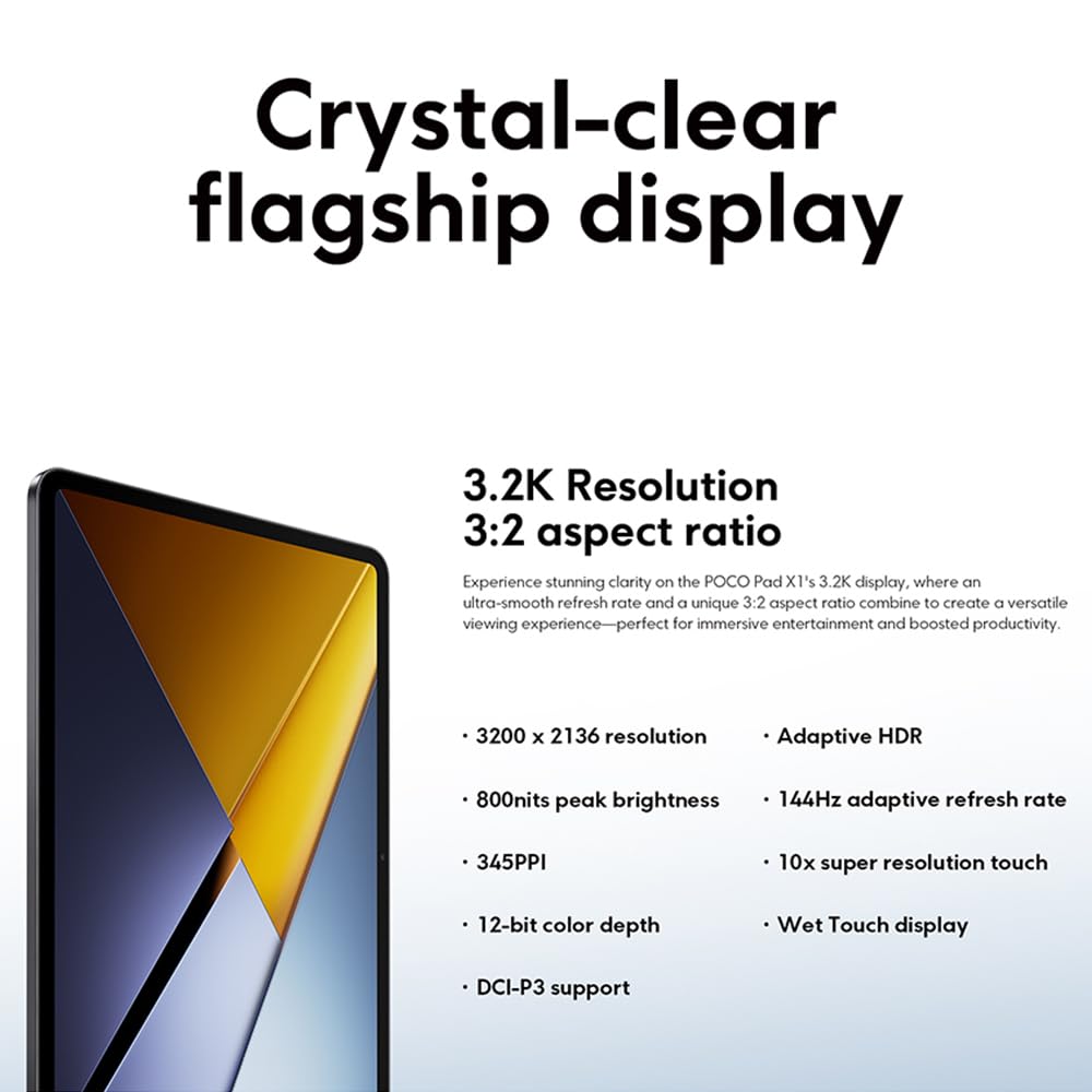 XIAOMI POCO Pad X1 Tablet, 8 GB+512 GB, wersja WiFi, 3,2 K 144 Hz Wyświetlacz Hyper AI Snapdragon 7+ Gen 3 Mobile Platform Massive 8850 mAh, z ładowarką, wersja WiFi (czarny)