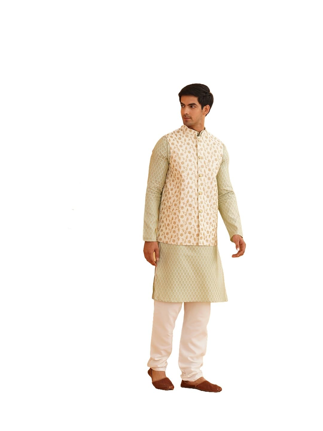 Sojanya (Since 1958 Men's Silk Blend Self Design Pista Green Kurta With Pyjama & Cream Nehru Jacket