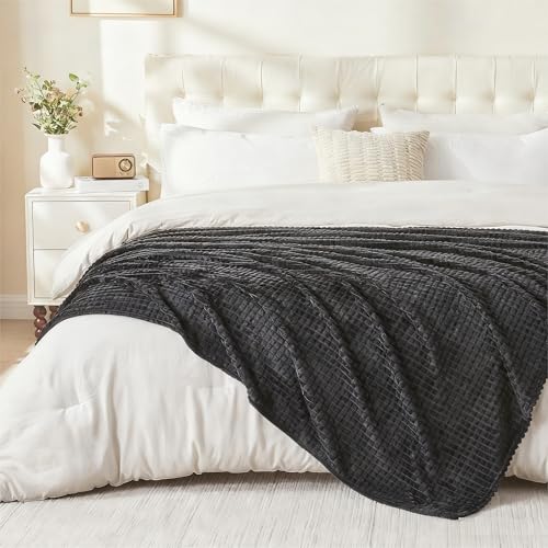 Image of EMME Fleece Blanket, 3D Jacquard Throw Blanket for Couch and Bed, Soft Cozy and Fluffy Blankets Lightweight Luxury Flannel with Geometric Grid Design (Black, 80 inch x 90 inch)