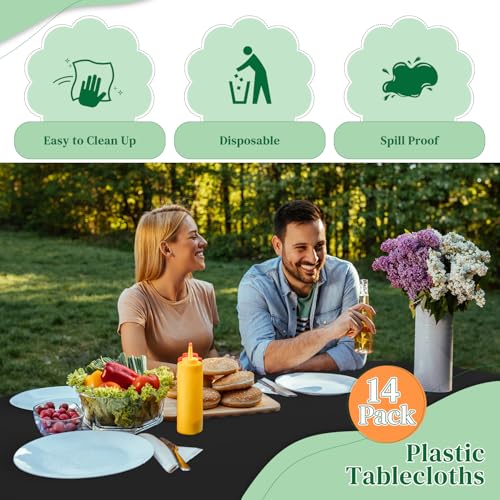Image of Black 14 Pack 84 Inch Plastic Tablecloths, Disposable Round Plastic Tablecloth, Party Table Cover Plastic Table Cloth