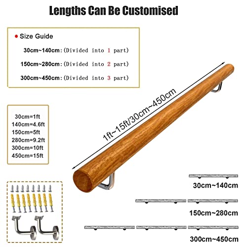Rampe d'escalier ronde en bois 330 cm avec kit de support de main courante murale