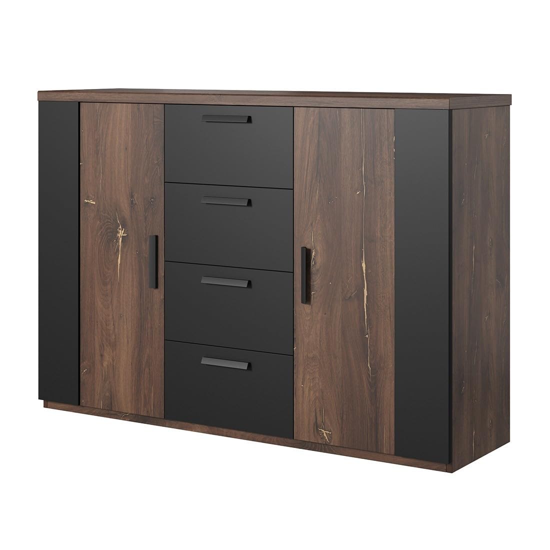 Meublorama Conjunto Completo de Dormitorio Fox – Armario de 200 cm, Cama de 180x200 con somier Incluido, Cómoda, Mesitas de Noche – Roble Oscuro