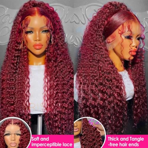 Image of Pizazz 99J Burgundy Deep Wave Lace Front Wigs Human Hair Pre Plucked