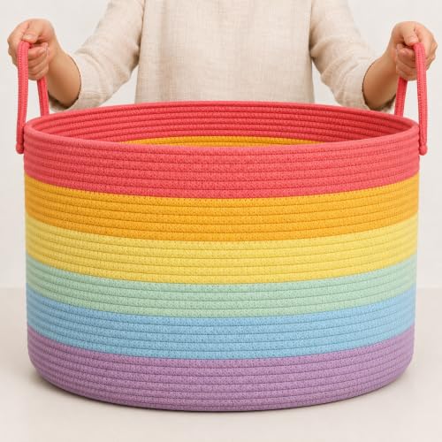 Image of OrganiHaus Rainbow Toy Basket & Blanket Storage Bin, Nursery 20x13 inch | Rainbow - Round Rainbow Cotton Rope Basket, Nursery 20x13 inch