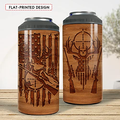 Image of SANDJEST Hunting Tumbler Wood Style American Flag 4 in 1 12oz Tumbler Can Cooler Coozie Skinny Stainless Steel Tumbler Gift for Men Dad Best Friends Hunting Lovers Christmas Birthday Fathers Day